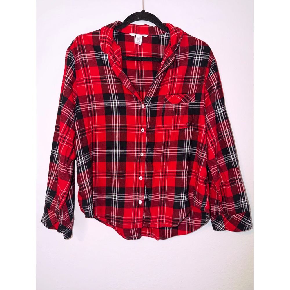 Victoria's Secret Red Black Plaid Flannel Pajama Top Metallic Lurex Medium